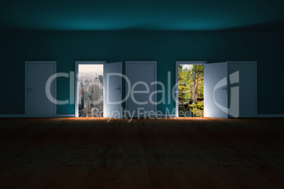 Composite image of doors opening in dark room to show sky