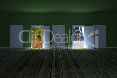 Composite image of doors opening in dark room to show sky