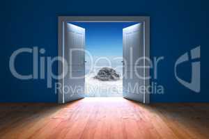 Composite image of door opening in dark room to show sky