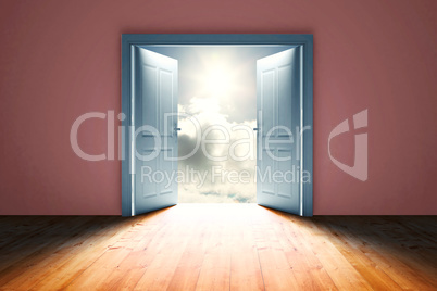 Composite image of door opening in dark room to show sky