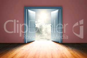 Composite image of door opening in dark room to show sky