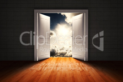 Composite image of door opening in dark room to show sky