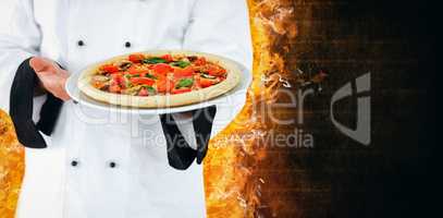 Composite image of close up on a chef presenting a pizza