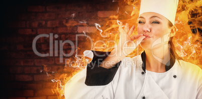 Composite image of portrait of a woman chef satisfying