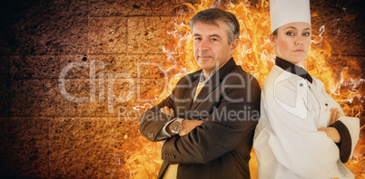 Composite image of portrait of chef and businessman back to back