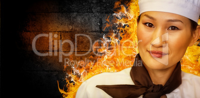 Composite image of closeup portrait of a smiling female cook