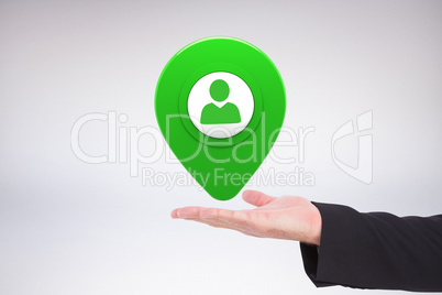 Composite image of businessman holding hand out in presentation