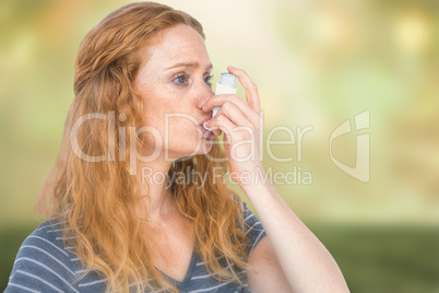 Composite image of woman using the asthma inhaler