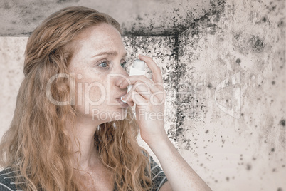 Composite image of woman using the asthma inhaler