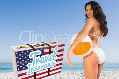 Composite image of travel insurance message on an american suitcase