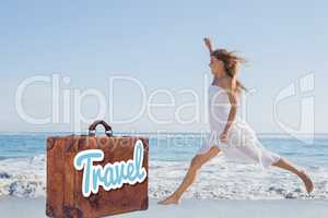 Composite image of beautiful blonde in white sundress jumping up on the beach