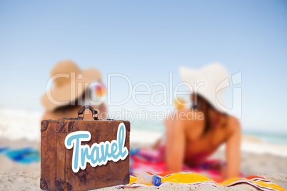 Composite image of suitcase with the message travel