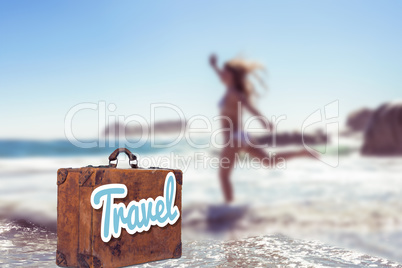 Composite image of beautiful smiling woman in white bikini skipping on the beach