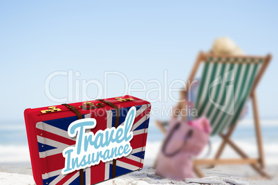 Composite image of travel insurance message on a british suitcase
