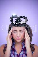 Composite image of upset woman suffering from headache