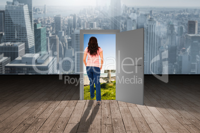 Composite image of pretty brunette stepping