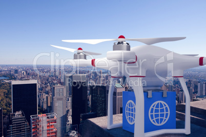 Composite image of a drone bringing a blue cube