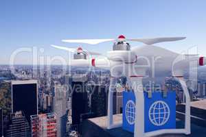 Composite image of a drone bringing a blue cube