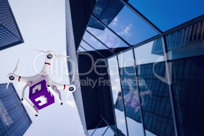 Composite image of a drone bringing a purple cube