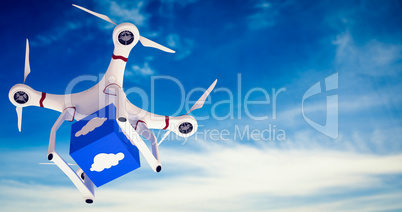 Composite image of a drone bringing a blue cube