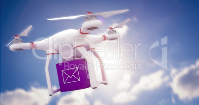 Composite image of a drone bringing a purple cube