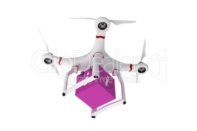 A drone bringing a pink cube