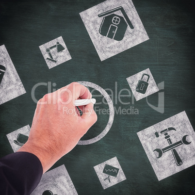 Composite image of business man writing with chalk