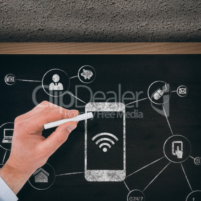 Composite image of businessman writing with white chalk