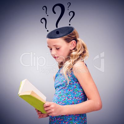 Composite image of girl reading book in library