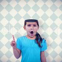Composite image of cute girl shaking finger saying no to the camera