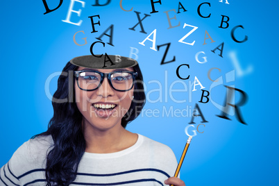 Composite image of attractive asian woman with hat holding pencil