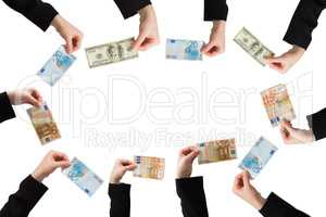 Composite image of businesswomans hand holding hundred dollar bill