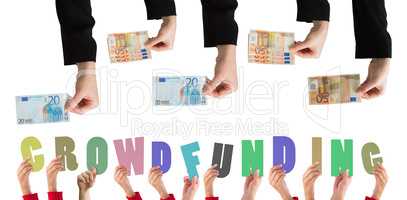 Composite image of businesswomans hand holding fifty euro notes