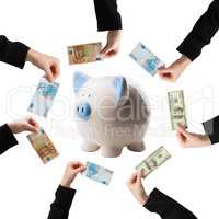 Composite image of businesswomans hand holding fifty euro notes