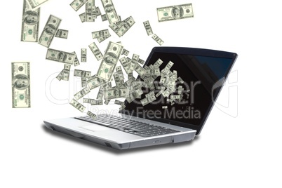 Digitally generated image of money from laptop screen