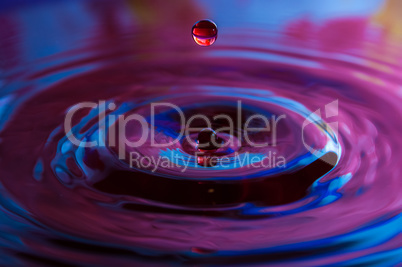 Macro photo of water drops falling into a pool of water, causing a splash and ripples.