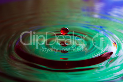 Macro photo of water drops falling into a pool of water, causing a splash and ripples.