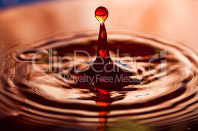 Macro photo of water drops falling into a pool of water, causing a splash and ripples.