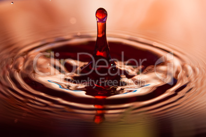 Macro photo of water drops falling into a pool of water, causing a splash and ripples.