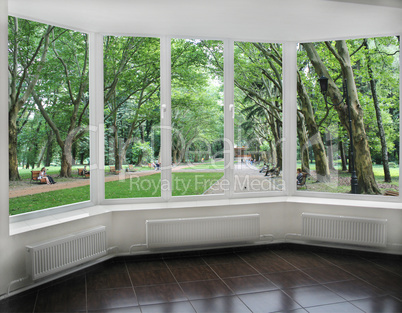 windows overlooking the city park