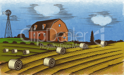 Farm landscape. Stylized engraved color vector illustration.