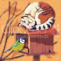 Cat and Bird Illustration