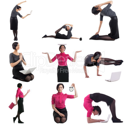 Time management concept. Set of woman doing yoga