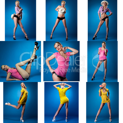 Collage of cute pin-up girl posing in studio