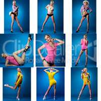 Collage of cute pin-up girl posing in studio