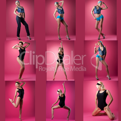 Set of cute pin-up girl poses, on pink background
