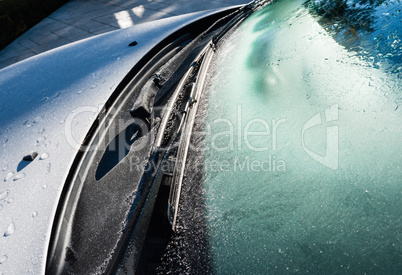Frozen car windshield and wipers and hood.