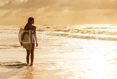 Woman Bikini Surfer & Surfboard Sunset Beach