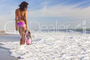 Rear View Beautiful Bikini Woman Girl At Beach