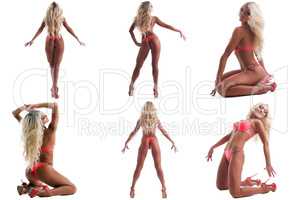 Collage of curly blonde posing in erotic costume